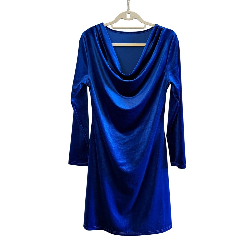 Royal Blue Velvet Knee Length Slouch Neck Long Sleeve Jewel Tone Dress Size L